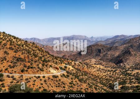 Landscape of a winding mountain road in the Lesser Atlas mountain range of Morocco Stock Photo