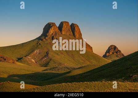 Sunset  at Three Fingers Rock  in the uplands area of Oregon's Owyhee Canyonlands. Stock Photo