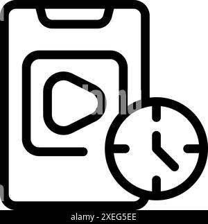 Simple line icon of a smartphone playing a video with a clock showing watch time Stock Vector