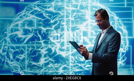 IT specialist coding on tablet, programming artificial intelligence computing simulating human brain. Programmer using technology gear to build AI machine learning algorithms, camera B Stock Photo