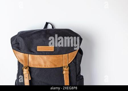 Vintage style travel backpack isolated on white background Stock Photo
