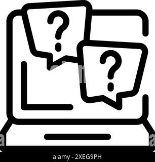 Simple black and white icon of a laptop with two speech bubbles containing question marks, representing online questions Stock Vector
