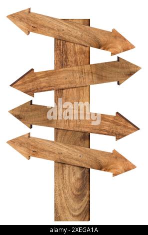 Brown wooden arrows with different directions on isolated background Stock Photo