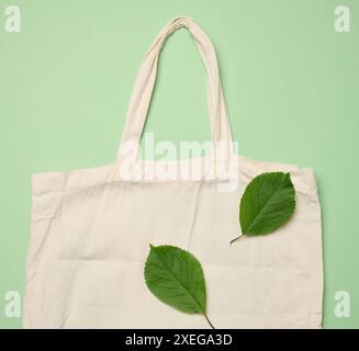 Empty beige textile bag on green background, rejection of plastic bags, flat lay Stock Photo