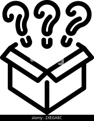 Line art icon of an open box with three question marks appearing from within Stock Vector