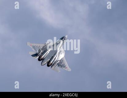 Moscow Russia Zhukovsky Airfield 25 July 2021: Demonstration of the latest Russian SU-57 fighterof the international aerospace s Stock Photo