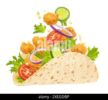 Shawarma or Doner chicken roll, falling tortilla wrap ingredients isolated on white background Stock Photo