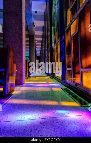 Stain Glass windows coloring the interior of the Catholic Chapel at the  US Air Force Academy, Stock Photo