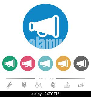 Vintage megaphone solid flat white icons on round color backgrounds. 6 bonus icons included. Stock Vector