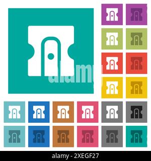 Pencil sharpener solid multi colored flat icons on plain square backgrounds. Included white and darker icon variations for hover or active effects. Stock Vector