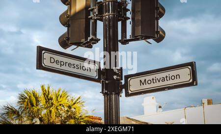 Signposts the direct way to Motivation versus Depression Stock Photo