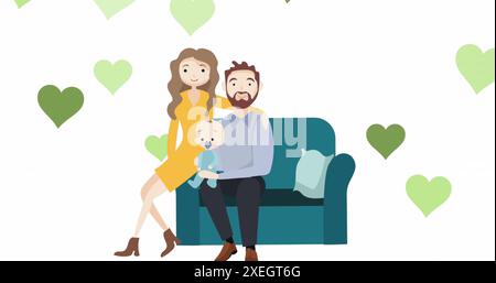 Image of green heart shapes moving over couple with baby sitting on sofa on white background Stock Photo