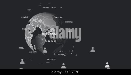 Image of profile icons moving and changing numbers around globe rotating over black background Stock Photo