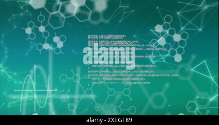 Image of connected dots forming geometric shapes, mathematical drawings and computer language Stock Photo