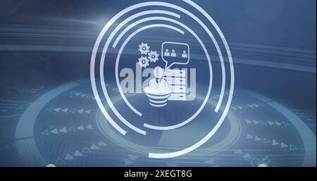Image of  a digital icon over round scanner and light spot against blue background Stock Photo