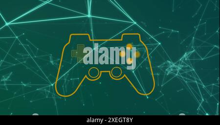 Image of game controller over connected dots forming geometric shape against blue background Stock Photo
