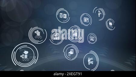 Image of multiple digital icons over round scanner and light spot against blue background Stock Photo