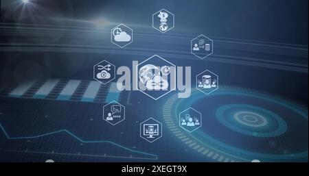 Image of data processing over icons and scope Stock Photo