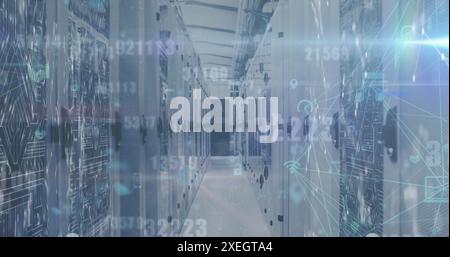 Image of changing numbers and network of digital icons against light spot over server room Stock Photo