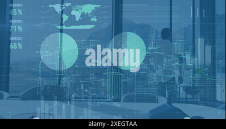 Image of data processing and 3d city model against rear view of man looking out of office window Stock Photo