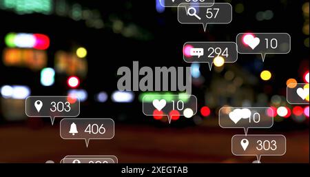 Image of numbers and icons in speech bubbles over moving vehicles on street in city Stock Photo