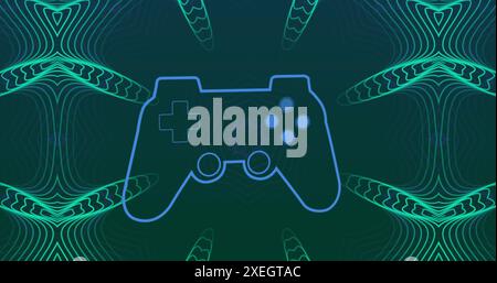 Image of game controller over abstract patterns against blue background Stock Photo