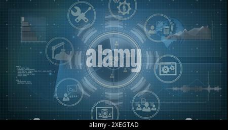 Image of multiple digital icons spinning over interface with data processing and round scanner Stock Photo
