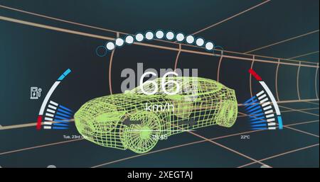 Image of speedometer over 3d car model moving seamless pattern in a tunnel on black background Stock Photo