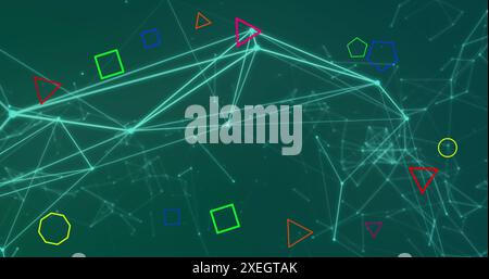 Image of geometric shapes over connected dots forming triangles against blue background Stock Photo