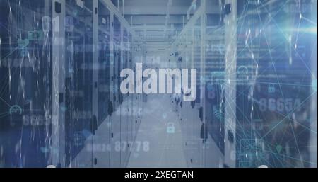 Image of changing numbers and network of digital icons against light spot over server room Stock Photo
