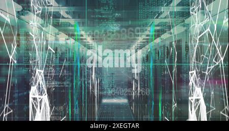 Image of changing numbers and data processing over plexus networks against server room Stock Photo