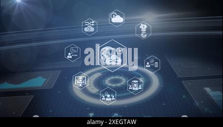 Image of multiple digital icons spinning over interface with data processing and light spot Stock Photo
