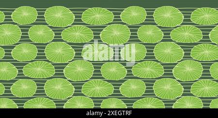 Vector green rows of water lily pads leaves horizontal border pattern with stripes. Suitable for cards and posters. Stock Vector
