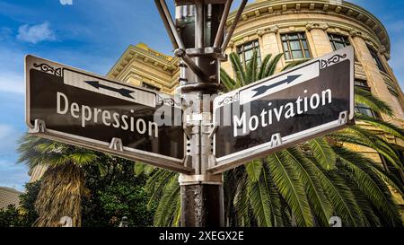 Signposts the direct way to Motivation versus Depression Stock Photo