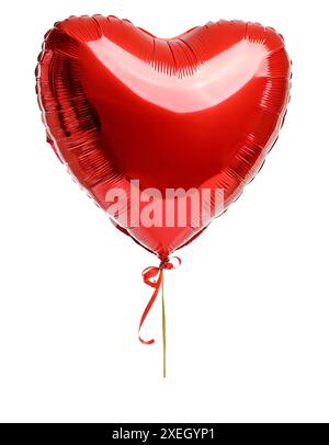 A vibrant red, helium-filled, heart-shaped balloon with ribbon on a pure white background Stock Photo
