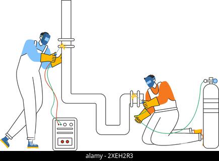 Welding Service Vector Illustration featuring a Professional Welder Working on Metal Structures, Pipes, and Steel Constructions in a Flat Background Stock Vector