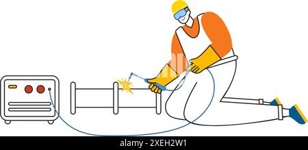 Welding Service Vector Illustration featuring a Professional Welder Working on Metal Structures, Pipes, and Steel Constructions in a Flat Background Stock Vector