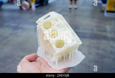 Detailed models in form of internal combustion engine printed on 3D printer from polymer close-up. Detailed object created by 3D printer using 3D printing method. Concept 3D Printing. SLA technology Stock Photo