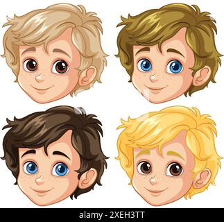 Four boys with different hair colors smiling Stock Vector