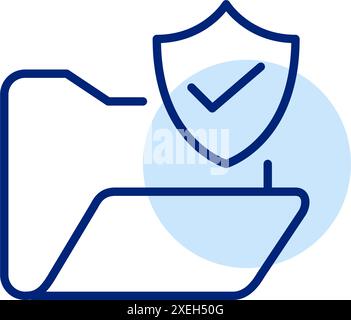 Shield with a checkmark and a folder. Verified security measures and protection for stored files. Pixel perfect vector icon Stock Vector