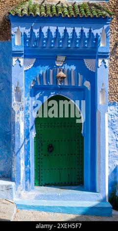 Close-up view of a house front and door in the historic blue city of Chefchaouen in northern Morocco Stock Photo