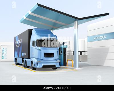 Fuel Cell Truck refueling in Hydrogen Station. The station equipped with H2 Gas Tanks and Container Battery Storage system. 3D rendering image. Stock Photo