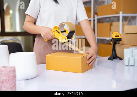 Female post mail storage worker holding tape dispenser sealing shipping online store order courier delivery cardboard box packin Stock Photo