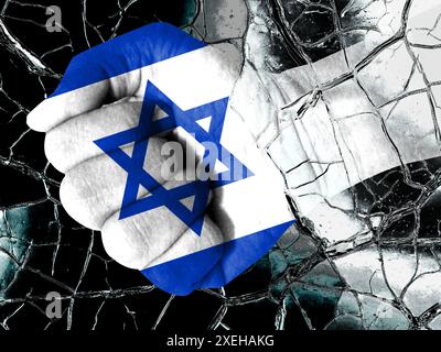 The Israeli flag is made of a fist and a glass crack. Describe the tensions between Israel and Pales Stock Photo