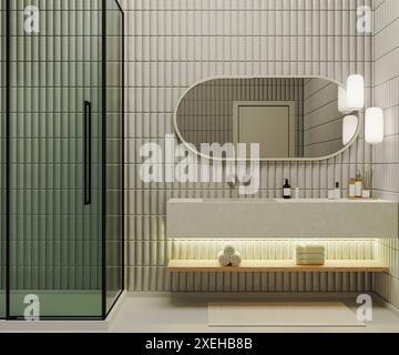 Modern bathroom interior with  shower cabin and stone sink with mirror, cosmetics and towels, 3d rendering Stock Photo