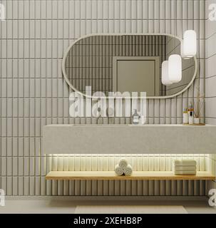 Modern bathroom interior with stone furniture, sink with mirror, cosmetics and towels, 3d rendering Stock Photo