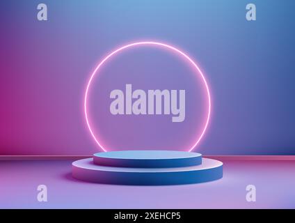 3D Blue Podium with Pink Neon Circle, Futuristic Technology Concept for Product Display and Mockup Showcases Stock Vector