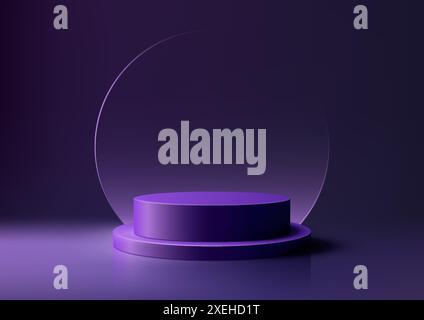 3D purple podium stand with circle glass backdrop on purple background is perfect for modern interior concept product display mockups Stock Vector