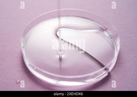 Serum or cosmetic oil flows into a transparent bowl on a purple background. Stock Photo
