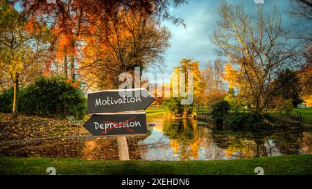 Signposts the direct way to Motivation versus Depression Stock Photo